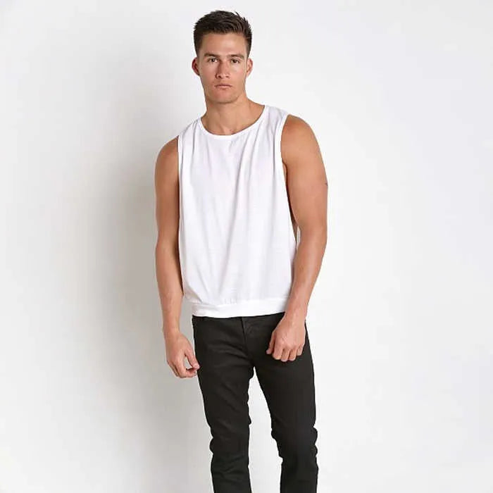Men's sleeveless loose fit sports vest with large slit in black, front view