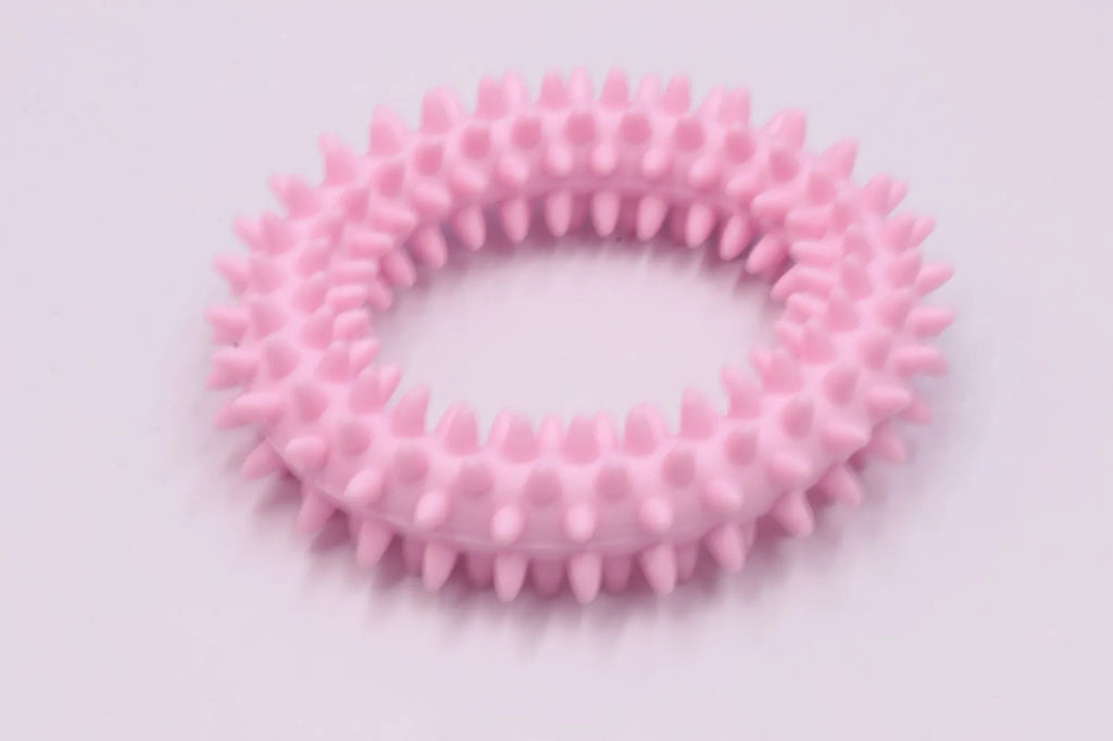 Blue TPR spiky ring dog chew toy for dental care and bite training, 9.5cm diameter.