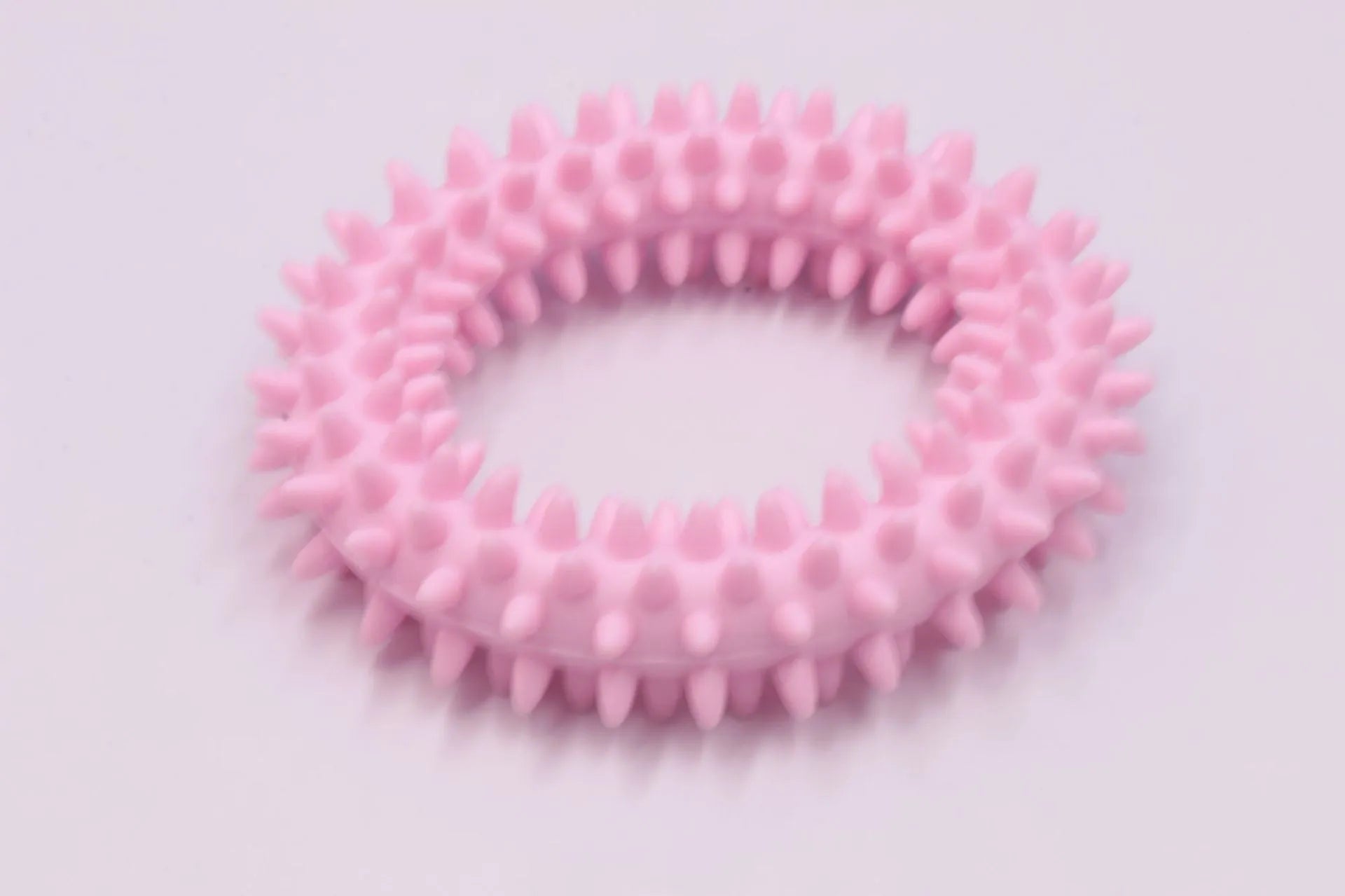Blue TPR spiky ring dog chew toy for dental care and bite training, 9.5cm diameter.