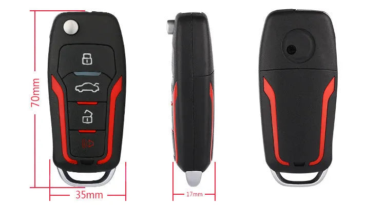 Red and frosted black one-way remote control car alarm system with two remotes for vehicle security.