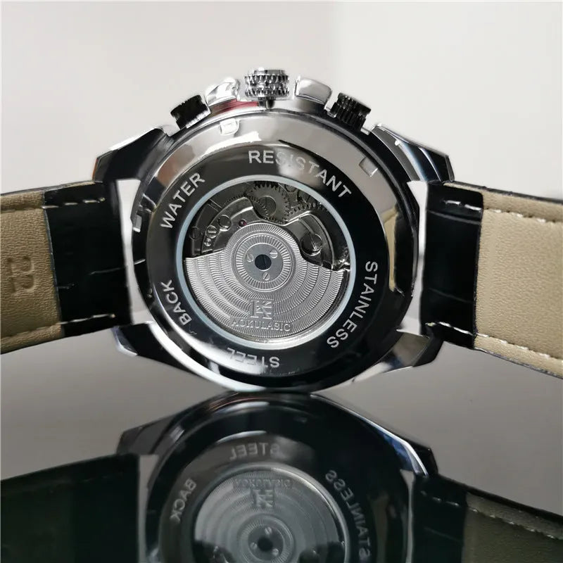 Men's automatic mechanical watch with a 12mm thick case shown in various colour combinations including silver and black.