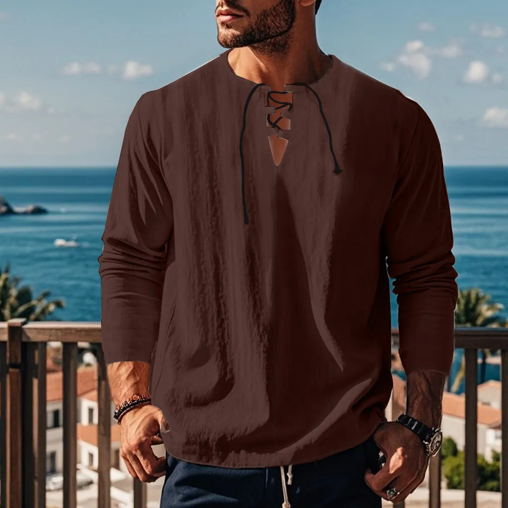 A solid colour loose-fitting cotton blend pullover shirt for casual leisure wear.