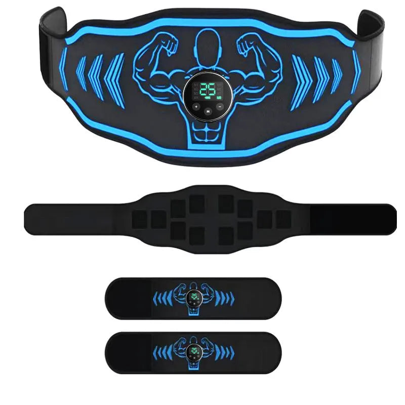 Smart Massage Belt EMS kit with blue host unit, adjustable black belt, and two arm muscle stickers on a grey background.