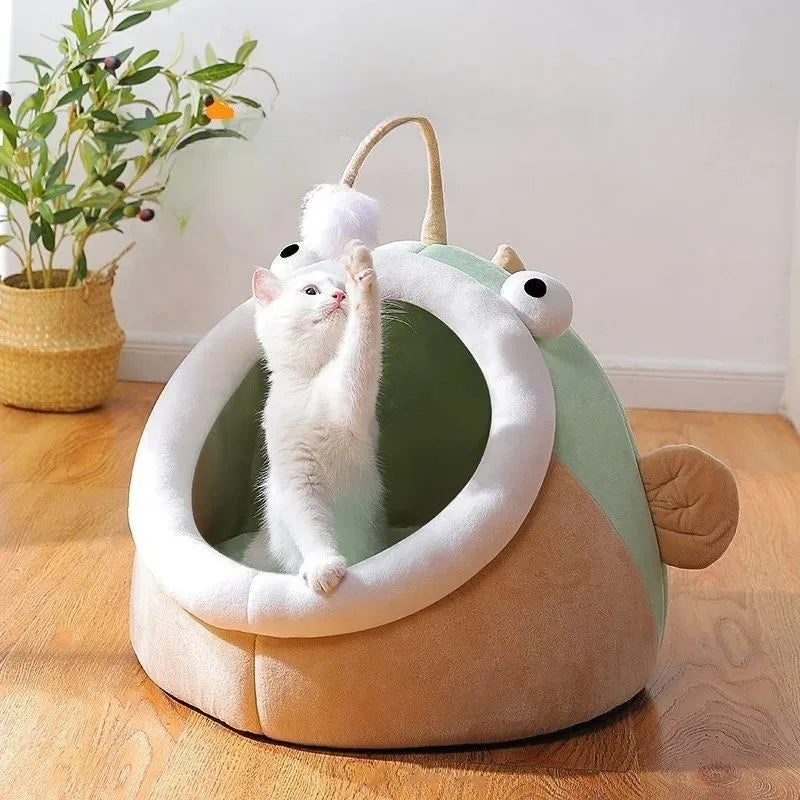Grey semi-closed lantern fish shaped cat bed made of soft deerskin velvet, showing front opening.