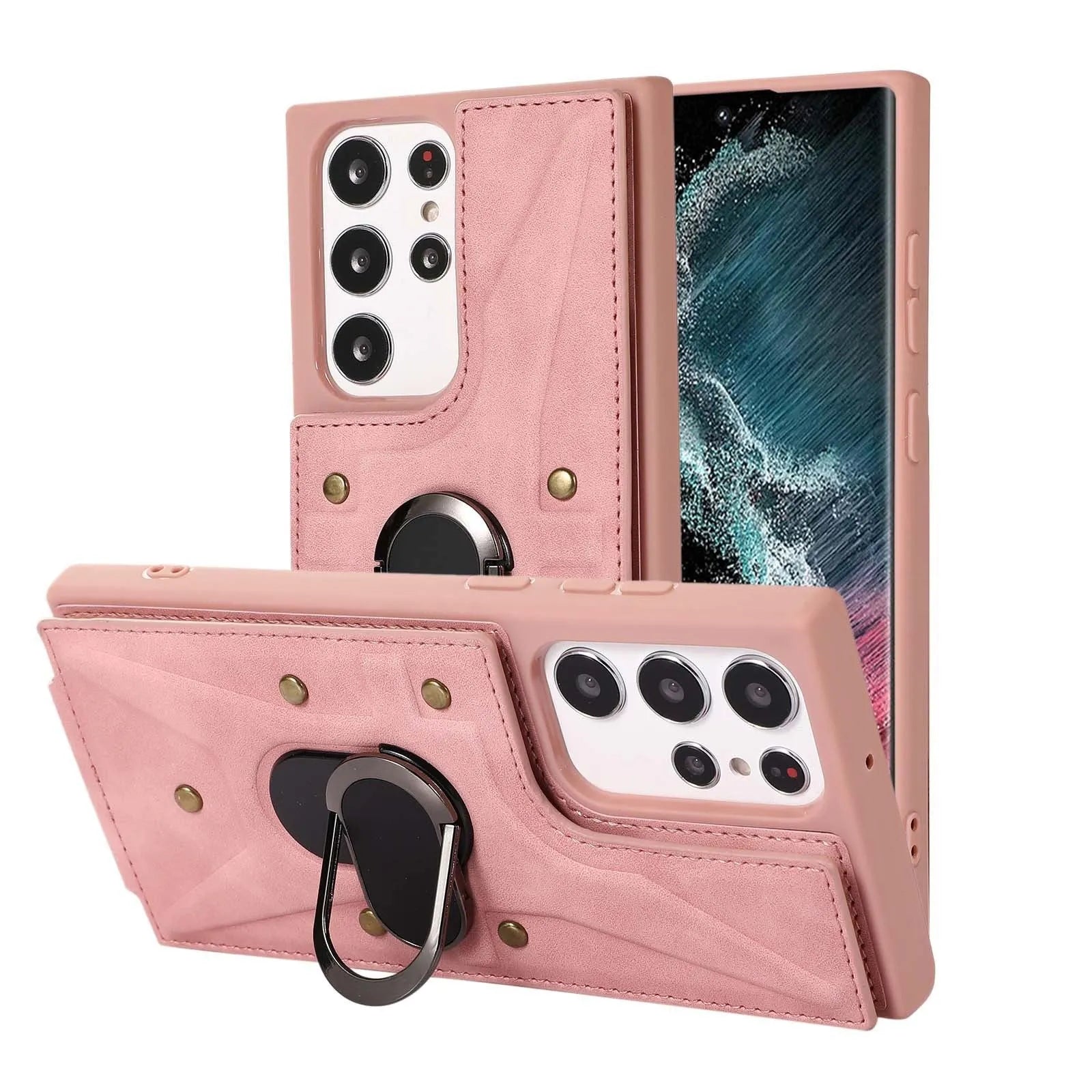 Samsung phone case with finger ring, bracket, and multi-card slot in PU and TPU finish, black colour