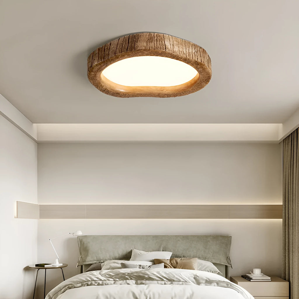 Circular wood grain finished ceiling lamp in New Chinese style, showing integrated LED light source.