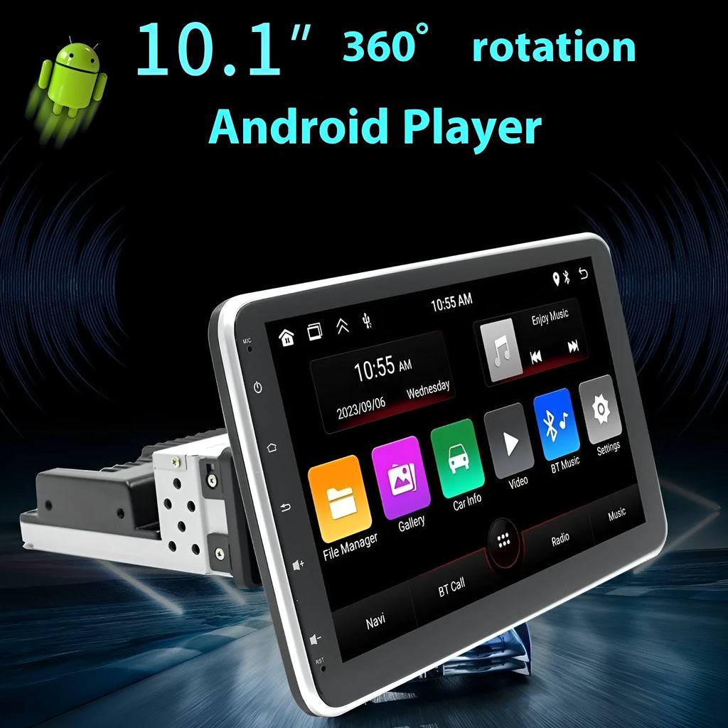 10.1 inch Android car stereo with rotating LED screen, Bluetooth control, and 1024x600 resolution.
