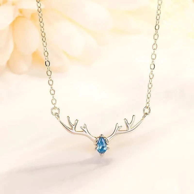 Women's Korean simple deer pendant necklace copper electroplated O-link chain adjustable 41-50cm blue stone finish