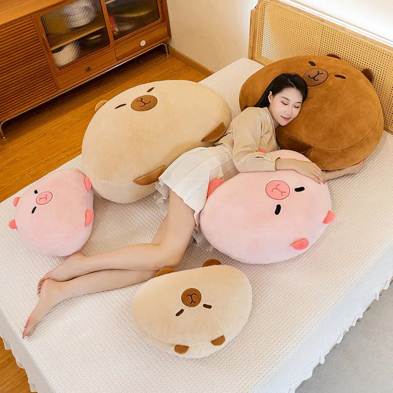 Brown capybara short plush cushion pillow with PP cotton fill on sofa