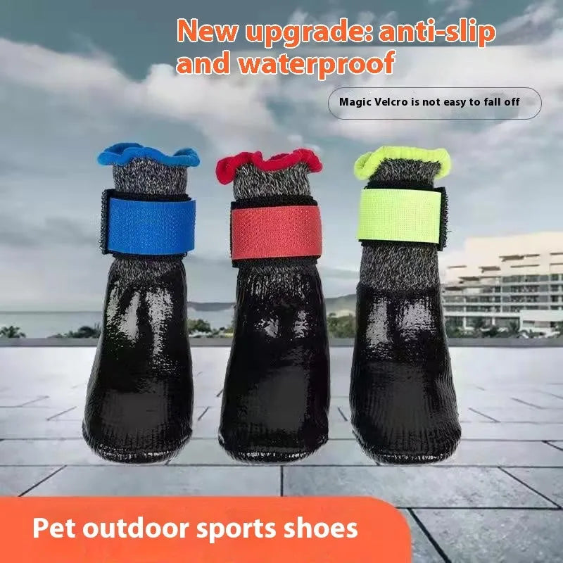 Pet dog soft bottom anti-scratch shoe cover in black on a light-coloured floor showing non-slip sole