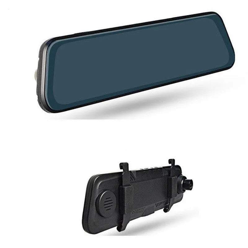10-inch streaming dashcam rearview mirror with dual lens, anti-glare blue mirror, and touch IPS screen
