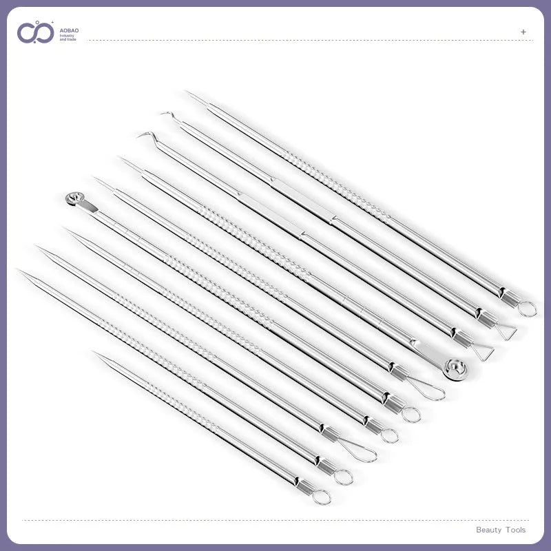 Four silver metal acne needles with ultra-fine pointed tips arranged on a clean surface.