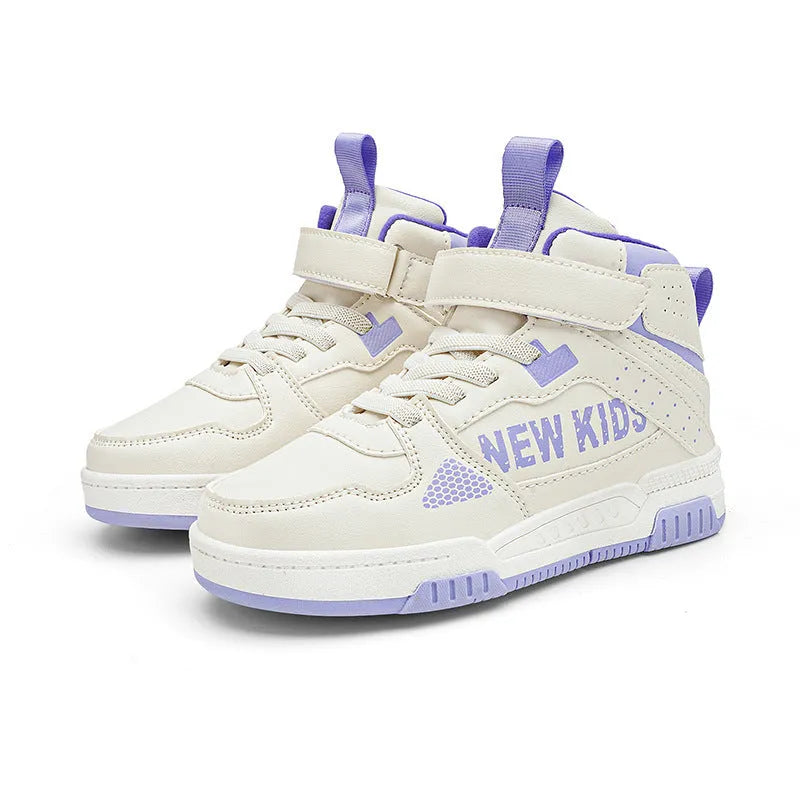 Children's buckle closure sneakers in beige green, blue, white powder, and white & purple colour options