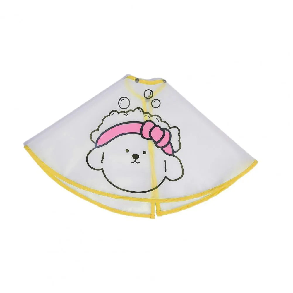 Adjustable pet grooming cape with cartoon print for dogs, polyester fabric, pink and yellow options