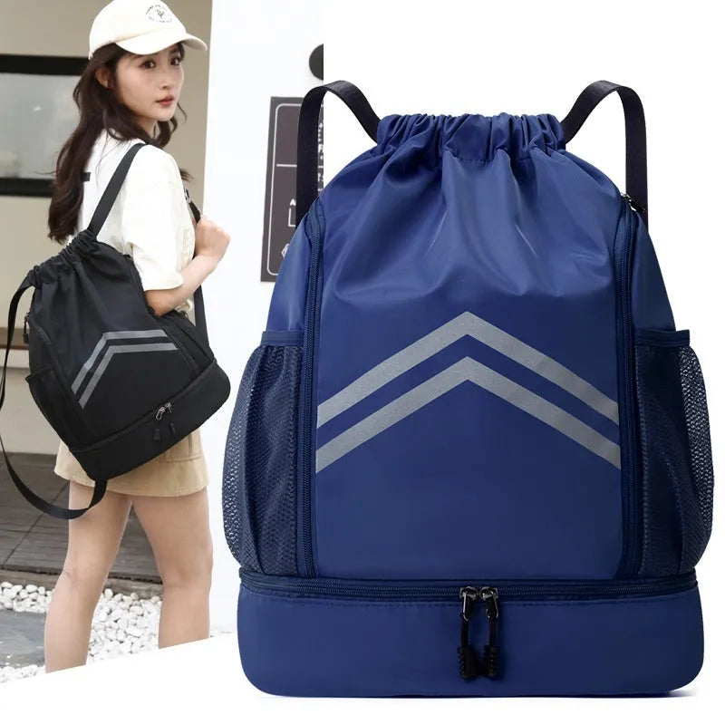 Men's reflective drawstring sports backpack in Oxford cloth with curved shoulder strap, available in multiple colours for outdoor activities