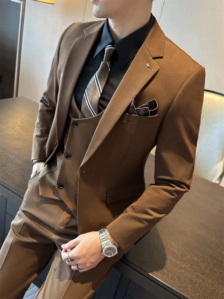 Men's slim-fit dark green business blazer on a hanger