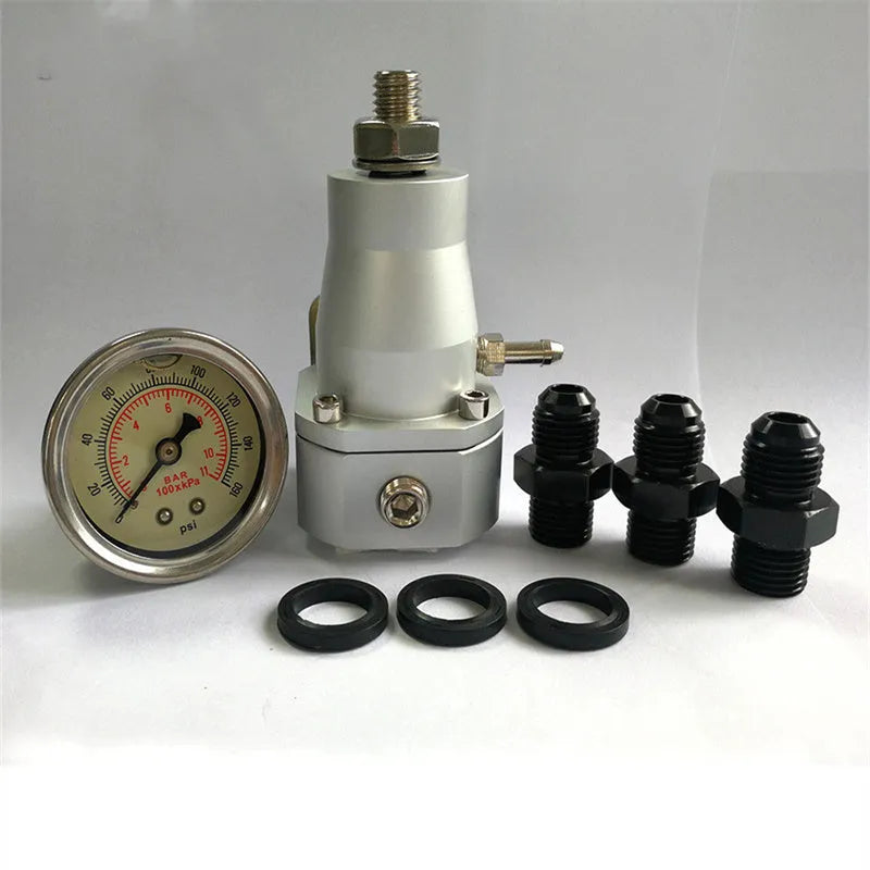 Black CNC aluminium fuel pressure regulator with adjustable 30-70psi range for universal vehicle applications