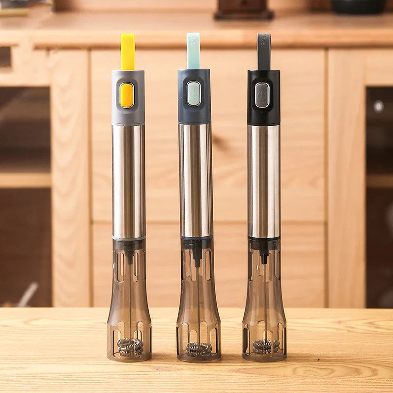 Portable electric foam maker with 304 stainless steel whisk in bright yellow, on kitchen surface