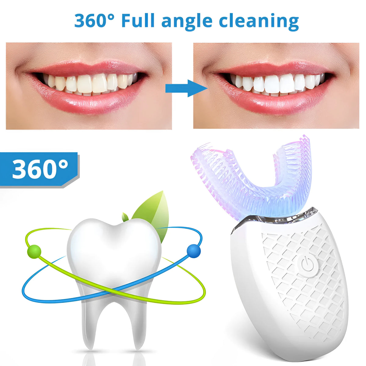 U-shaped electric toothbrush with ABS silicone construction, IPX7 waterproof, and USB rechargeable battery