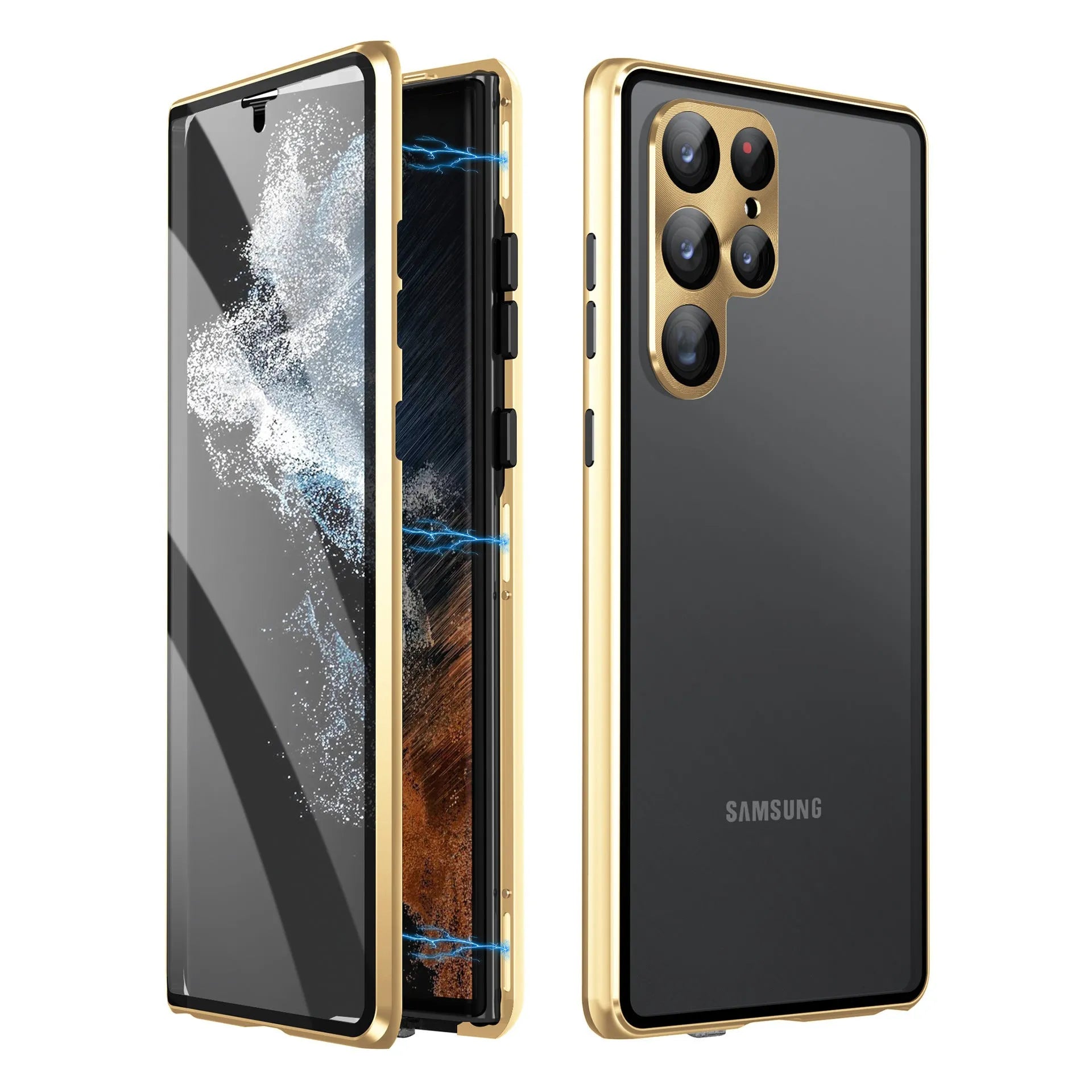 Black Magnetic King aluminium phone case with a reflective mirror centre for Samsung Galaxy S24 Ultra.