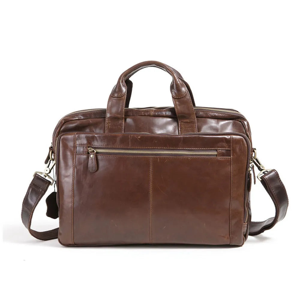 Brown 18-inch men's business briefcase in first layer cowhide leather with computer compartment