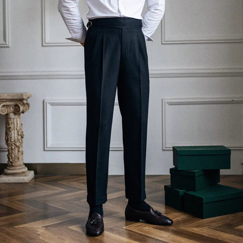 Men's high waist straight leg casual trousers in black, white, khaki, and coffee brown colours
