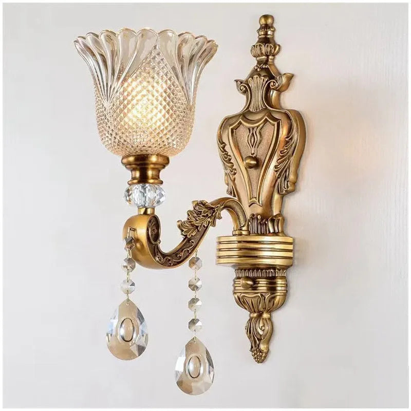 Retro crystal glass wall lamp in European style for living room or bedroom