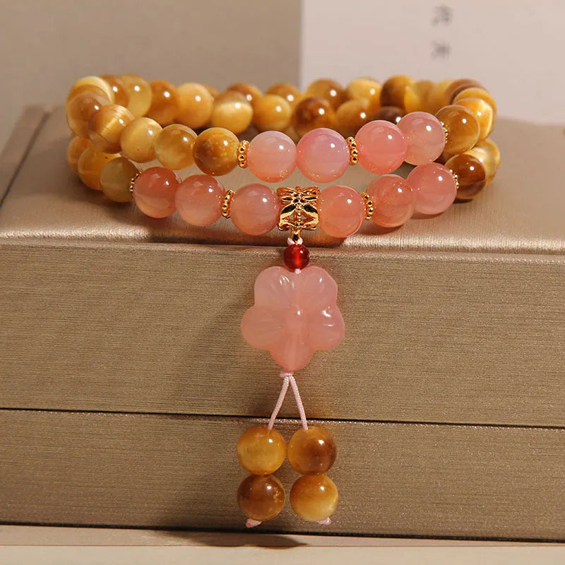 Tigereye double ring bracelet for women with crystal, agate flower, pearl, rhinestone and sequin elements