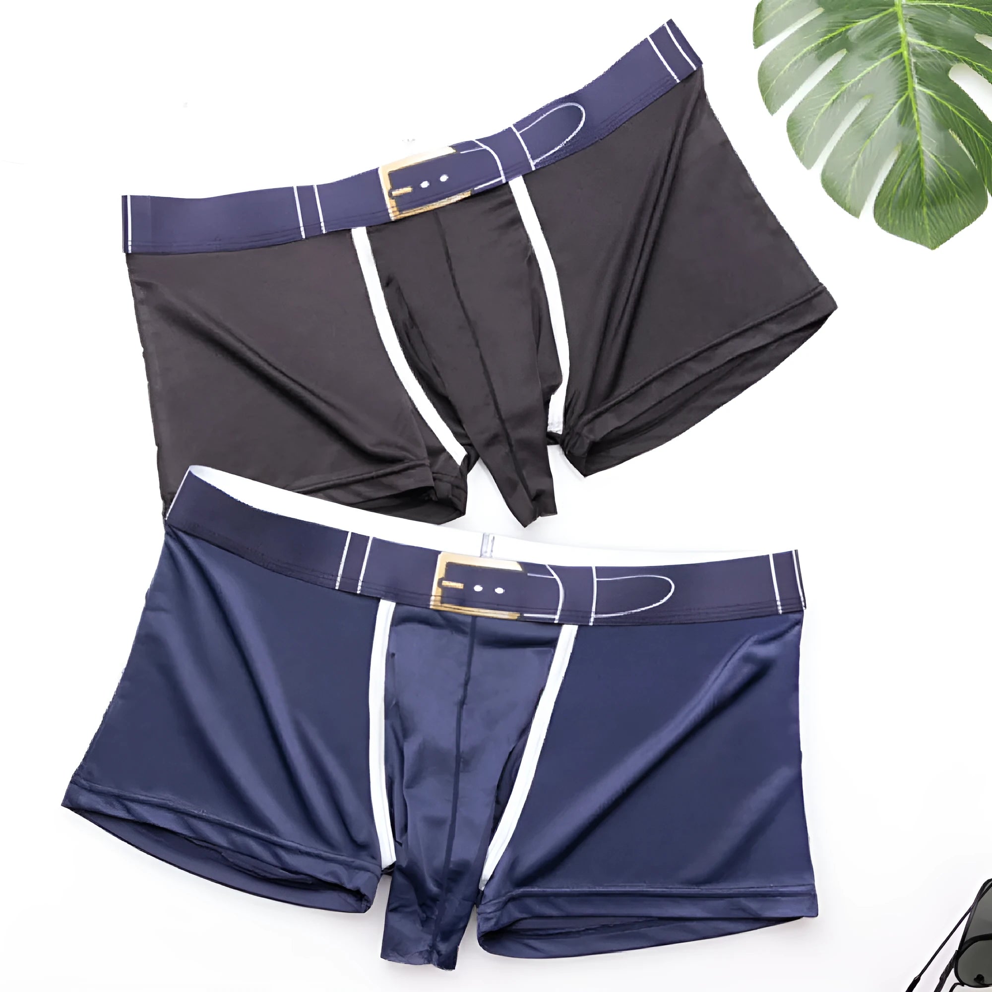 Men's solid colour ice silk boxers showing grey, black, green, sapphire blue, sky blue and blue options