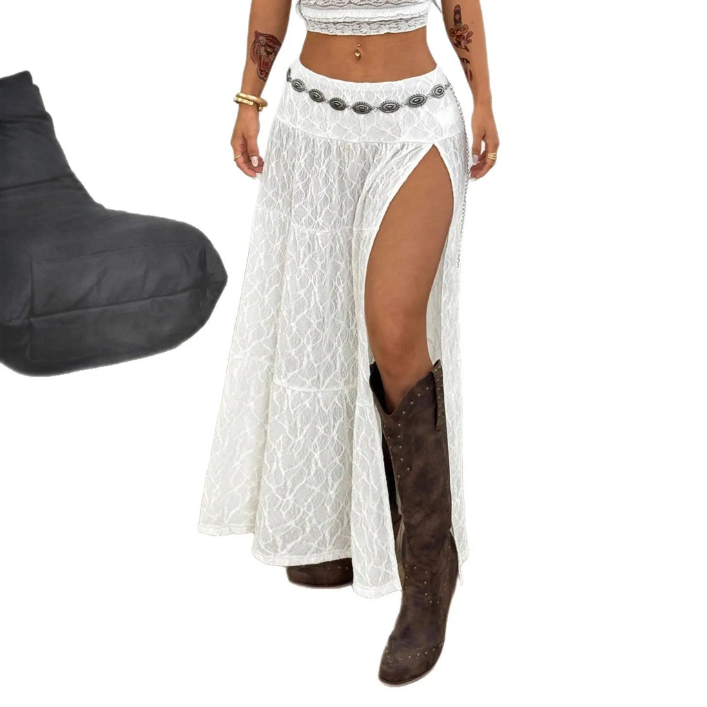 White women's A-line midi skirt with lace and see-through side seam detail in jacquard fabric
