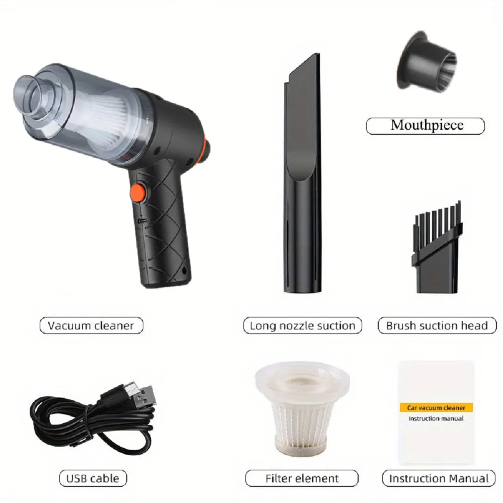 Mini car vacuum cleaner in black with brush attachment on car seat