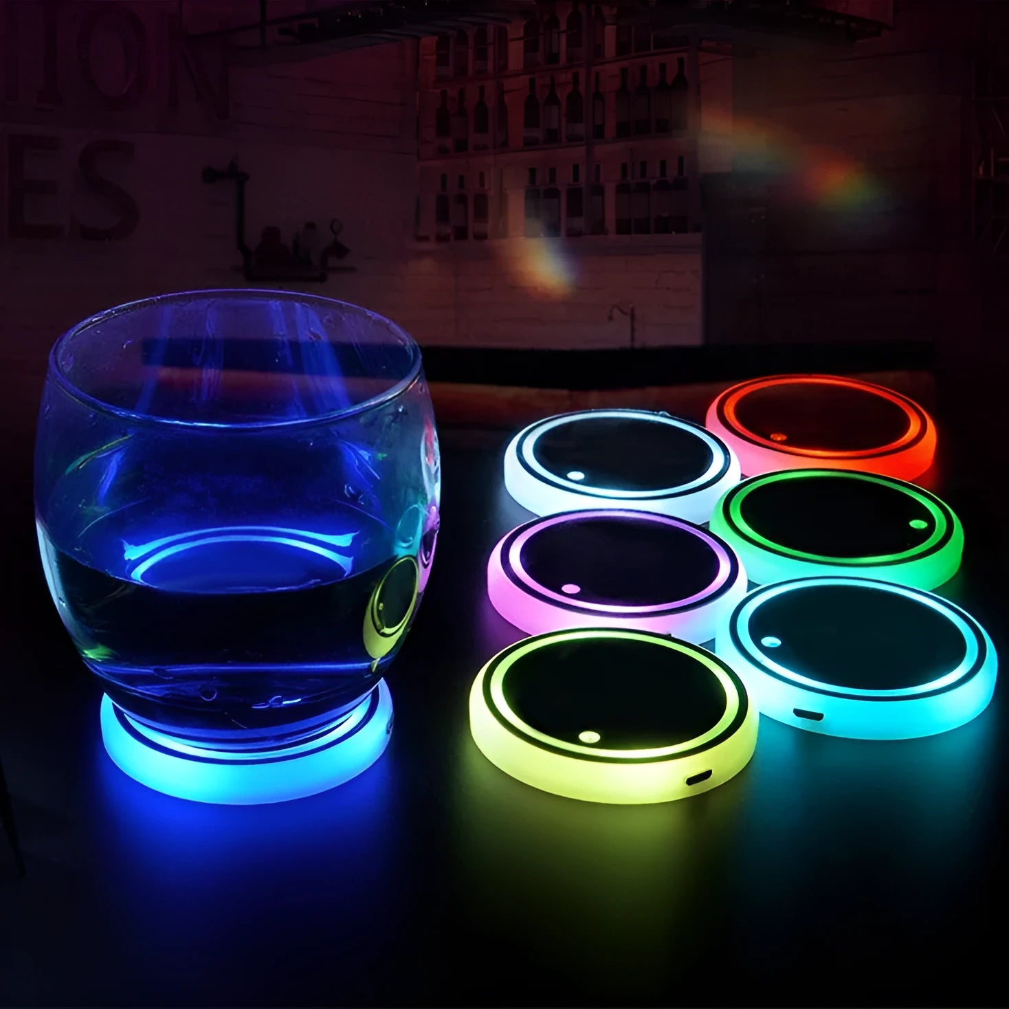 Colourful LED light-up car cup holder coaster showing seven colours, USB cable, and 68mm diameter non-slip surface.
