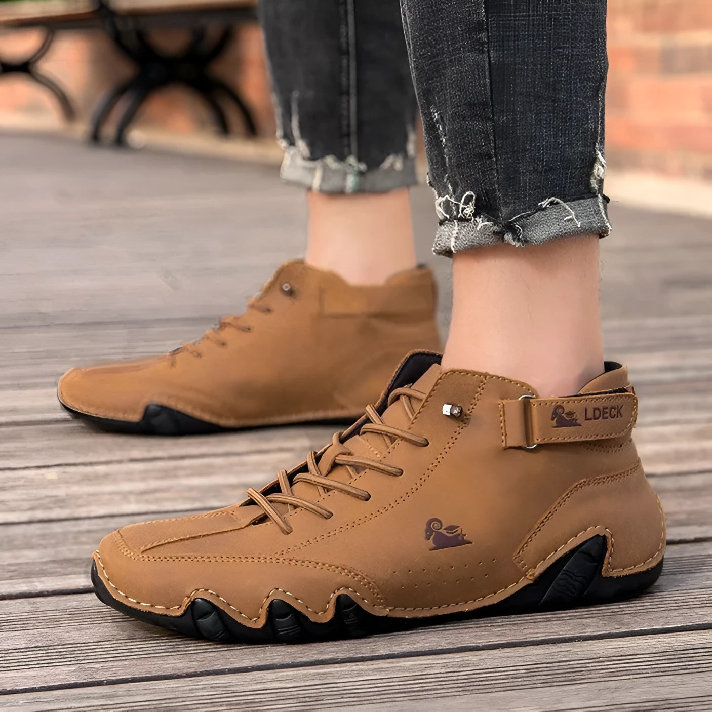 Men's khaki high-top Octopus shoes with round toe and flat rubber sole.