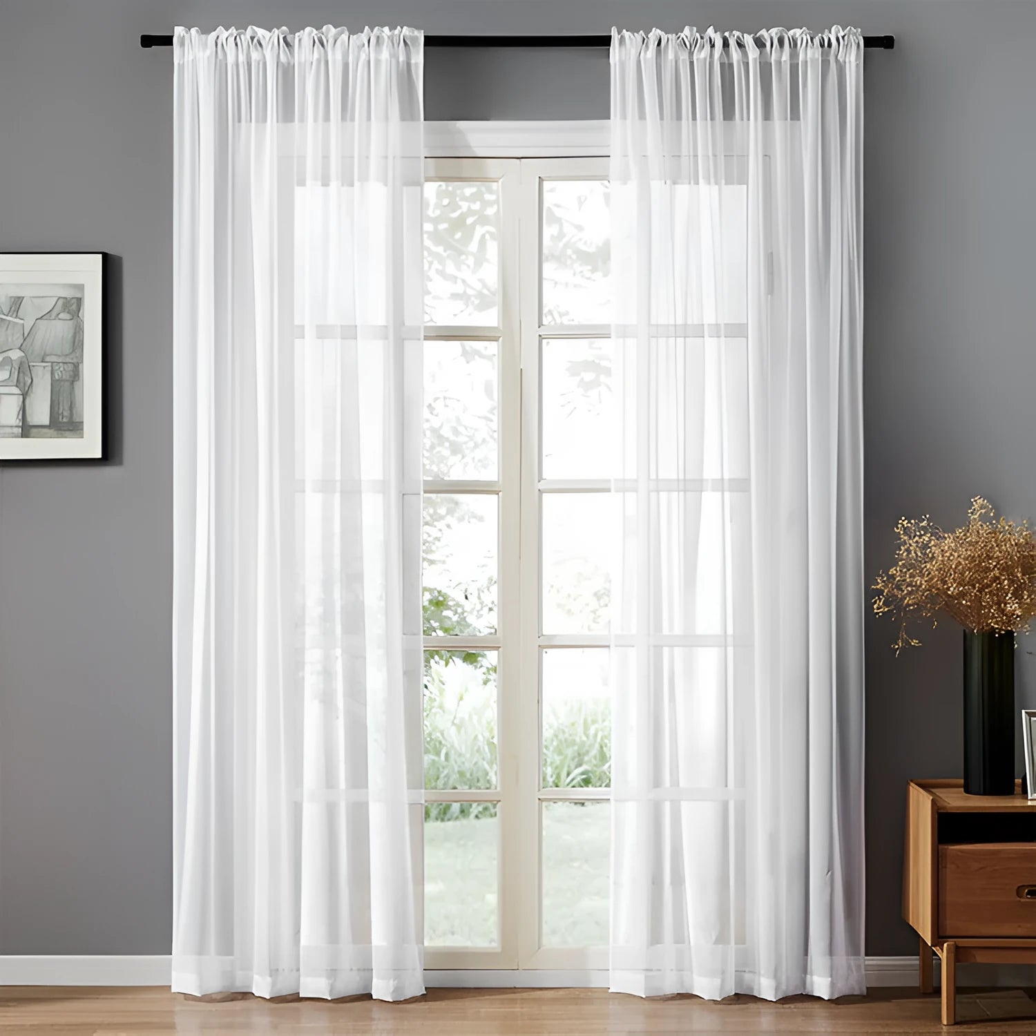 Modern simple pure black cotton linen polyester vertical window curtain hung, showing light transmission and textured craft detail.