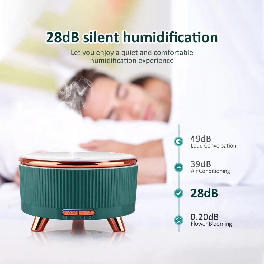 Round wood grain ultrasonic aroma diffuser with 500ml tank, five colour options, on a desktop
