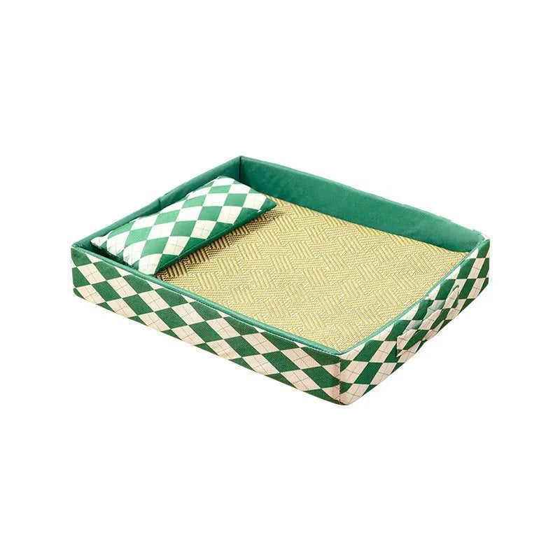 Blue woven rattan cat mat with raised edges, shown beside a cat litter tray.