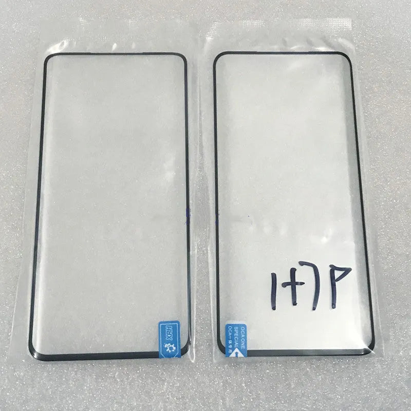 OnePlus 7 Pro replacement touch screen glass panel showing manufacturer logo and clear glass surface