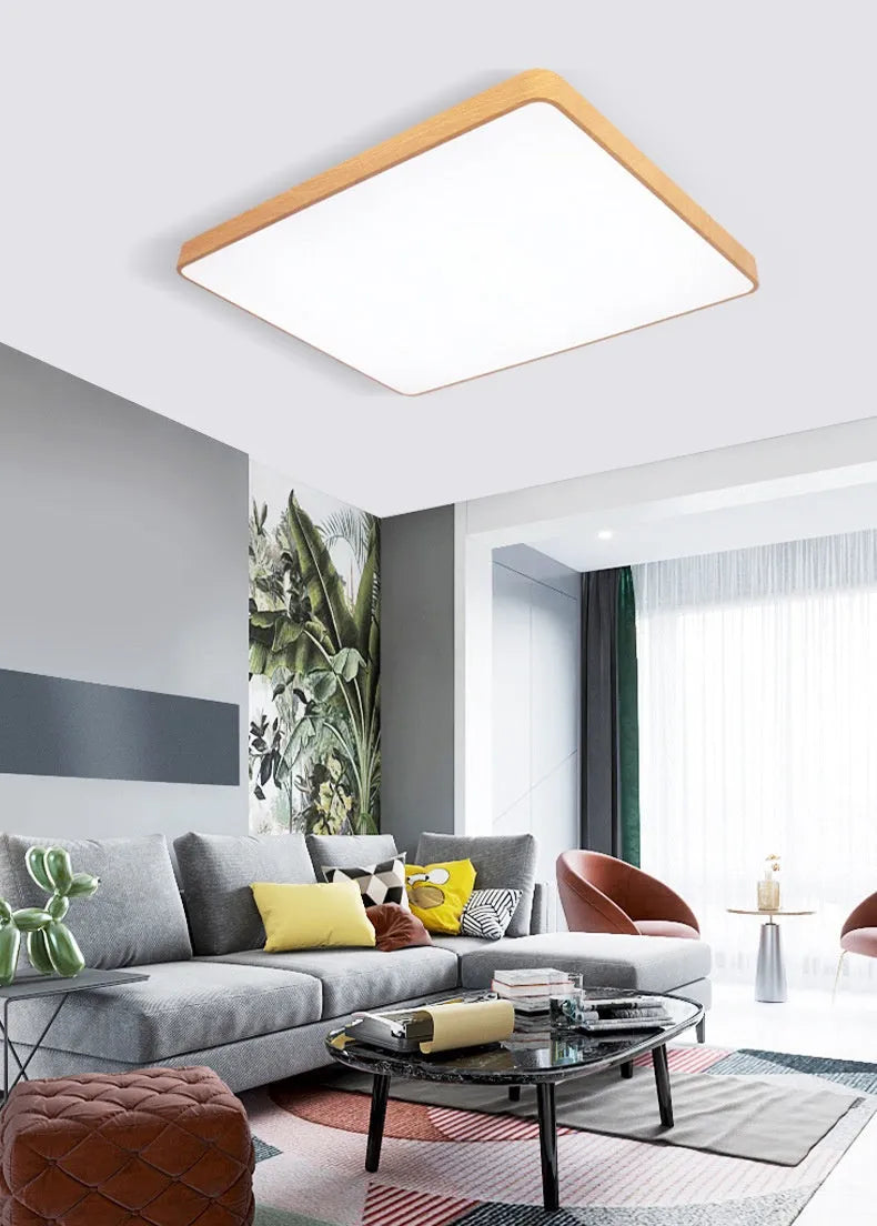 Nordic style square LED ceiling light with wood grain finish on iron frame, showing modern simple design
