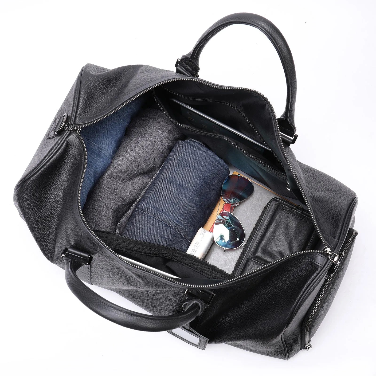Men's black leather excursion tote bag with a single shoulder strap