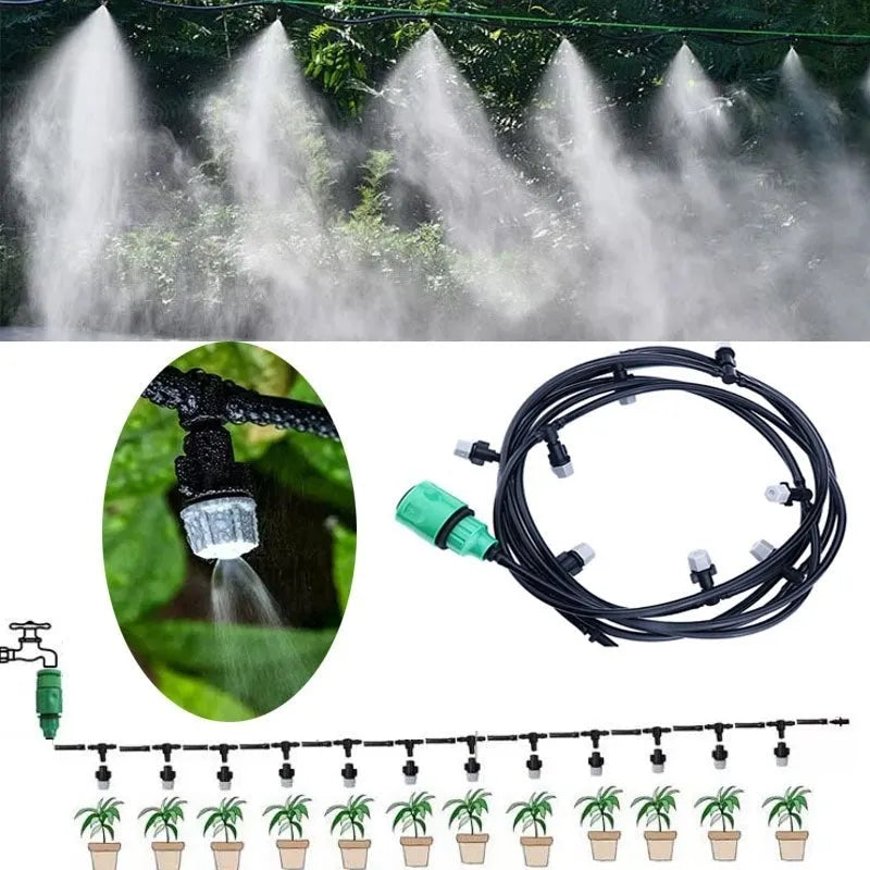 10-metre long green garden irrigation hose with 10 small micro spray heads for misting plants