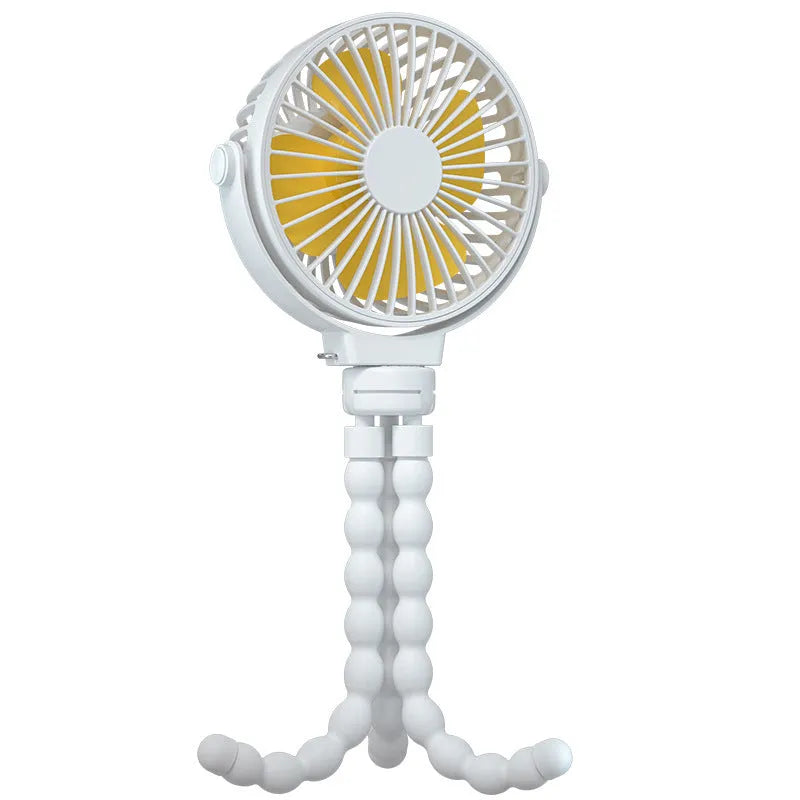 Black flexible tripod USB fan showing clip mechanism and 360° rotation capability