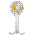 Black flexible tripod USB fan showing clip mechanism and 360° rotation capability