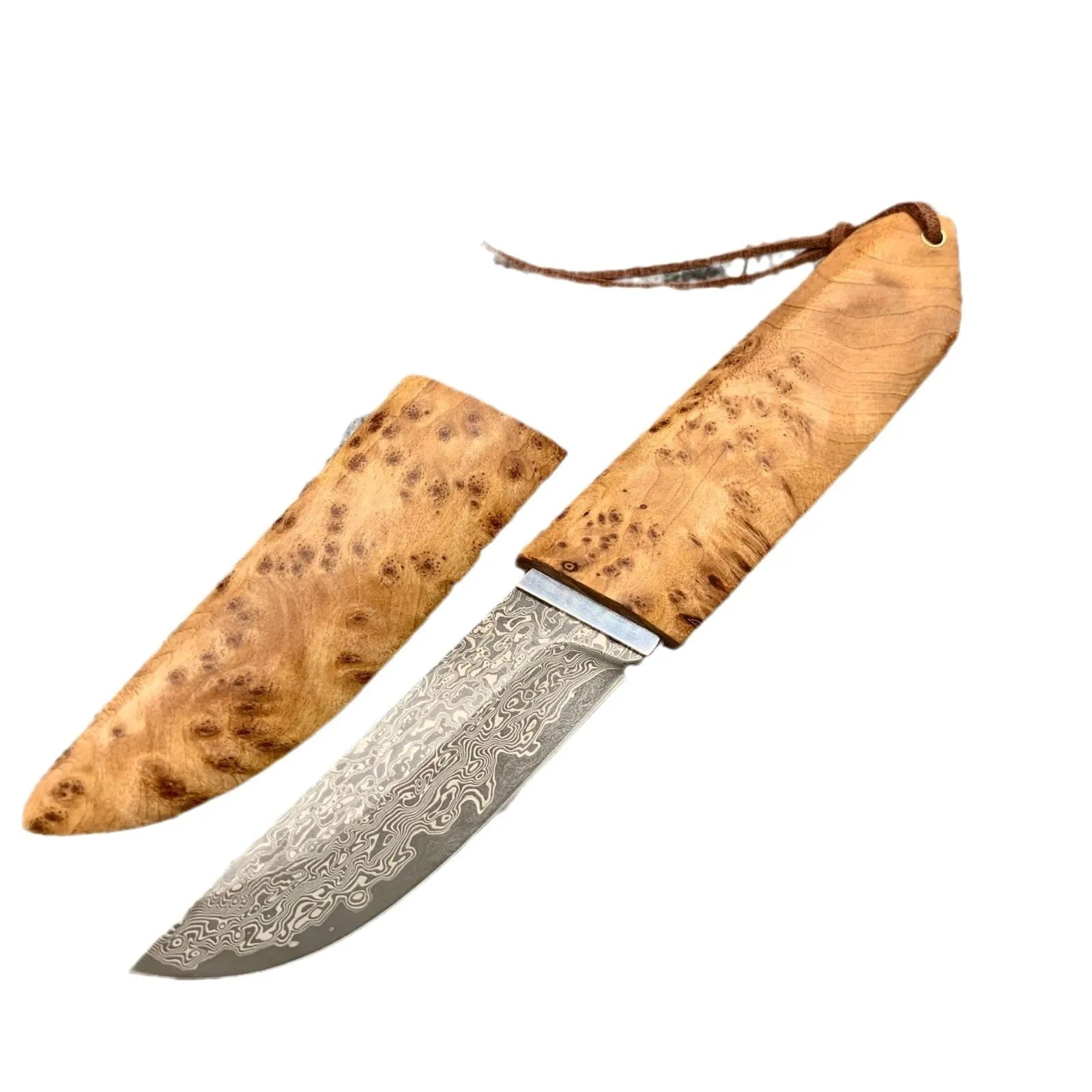 White Shadow Damascus VG10 steel outdoor camping short knife with Thuja wood handle