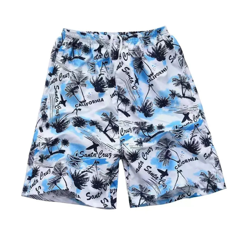 Men's floral print swimming trunks showing five-point design and polyester fabric