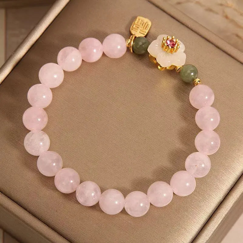 Polished crystal Hetian jade beaded bracelet with peach blossom and camellia pastoral design in blessing card colour