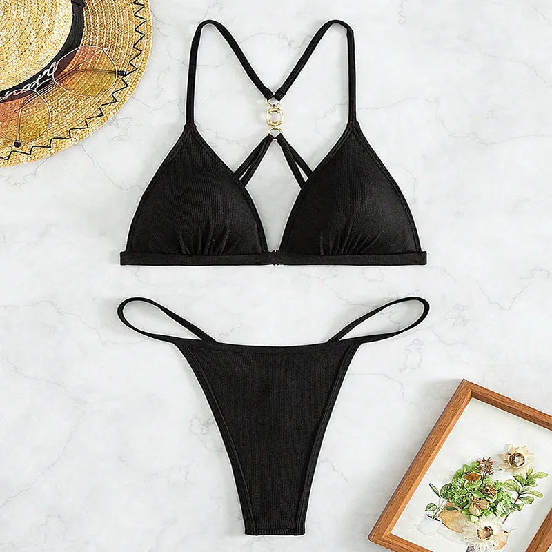 Women's black hollow backless triangle bikini top with split detailing and matching T pants