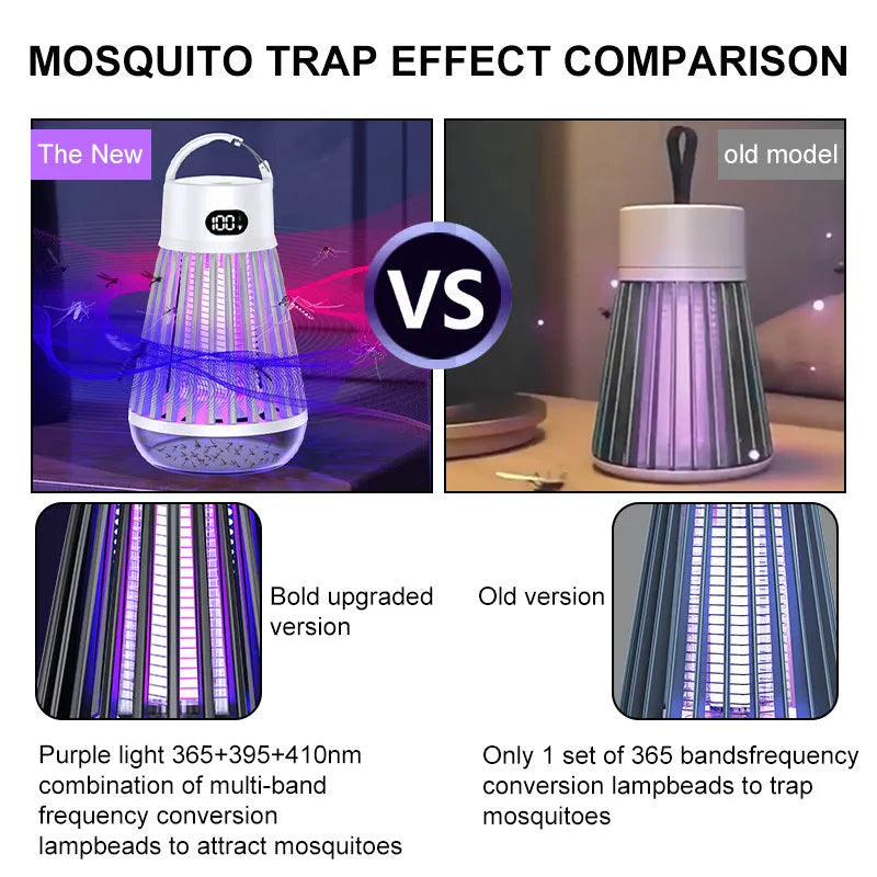 Digital display mosquito killer lamp with electric shock grid, white colour, on a tabletop with USB cable