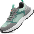 Green low-top work shoes with mesh upper, plastic steel toe cap, and slipper-style closure on a white background.