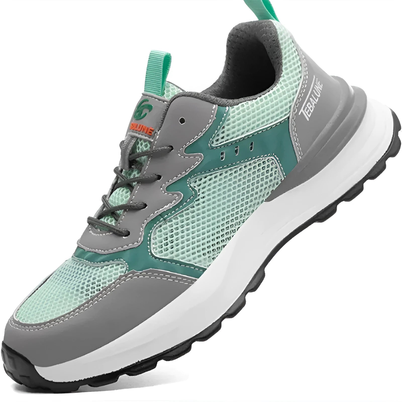 Green low-top work shoes with mesh upper, plastic steel toe cap, and slipper-style closure on a white background.