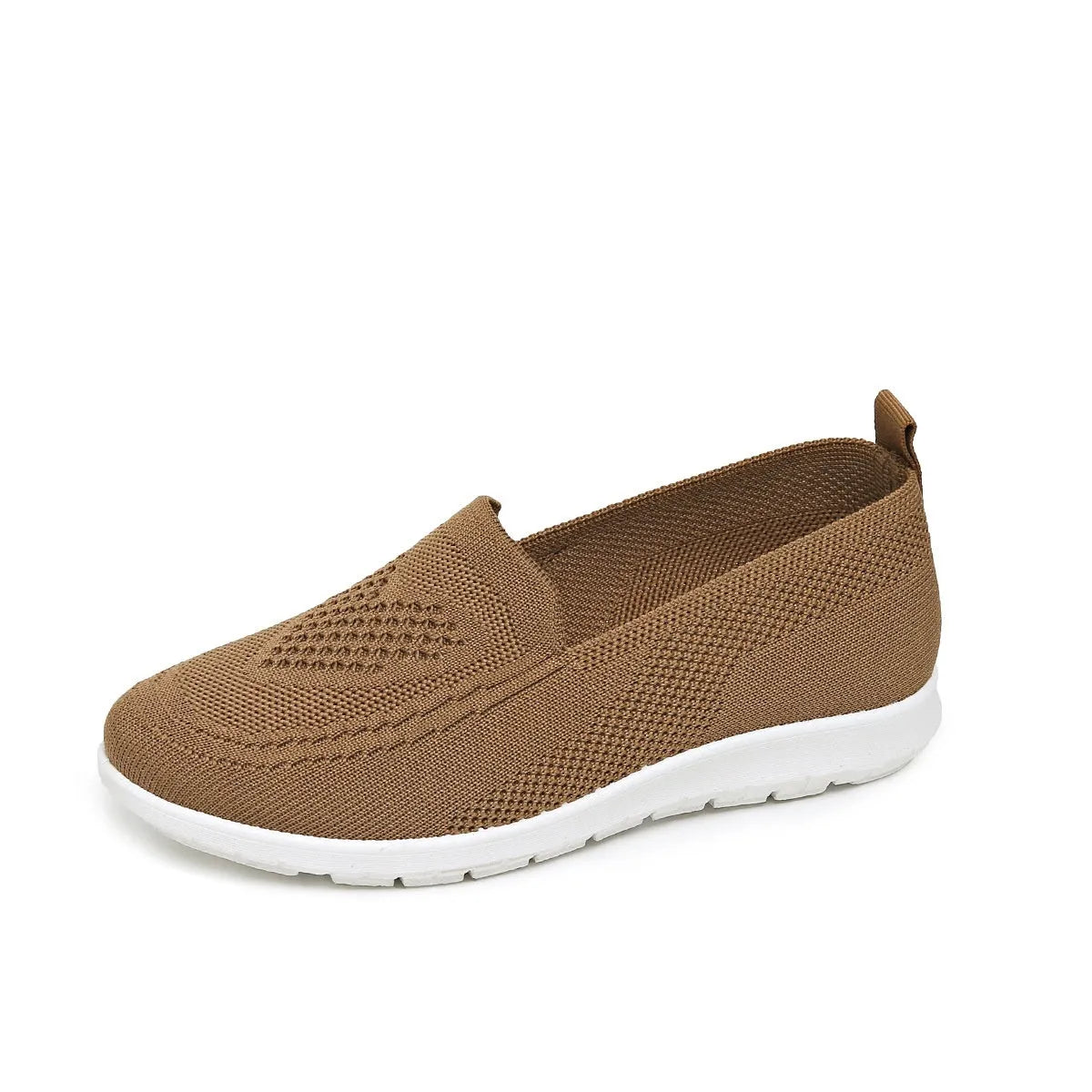 Women's plus size beige slip-on loafers with heart pattern and mesh lining.